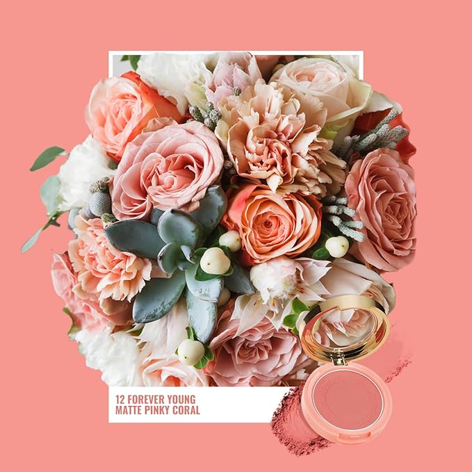 Oulac Blush Face Coral Matte | Pigmented Powdery Cream Blusher Warm Skin Light Medium| Natural Matte | Light Weight&Blendable| Cruelty-Free Blush| 12 Forever Young 4.8g-VivaGrace Women