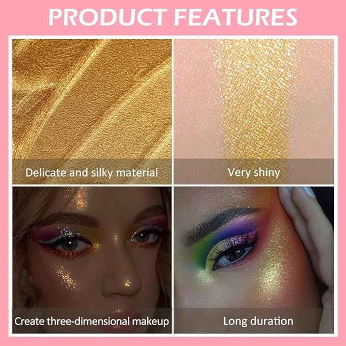 evpct Gold Highlighter Makeup Liquid, Gold Glitter Iridescent Face Festival Highlighter Makeup Waterproof Long Lasting Halographic Shimmer Shimmery Body Highlighter Makeup Palette Stick Illuminators-VivaGrace Women