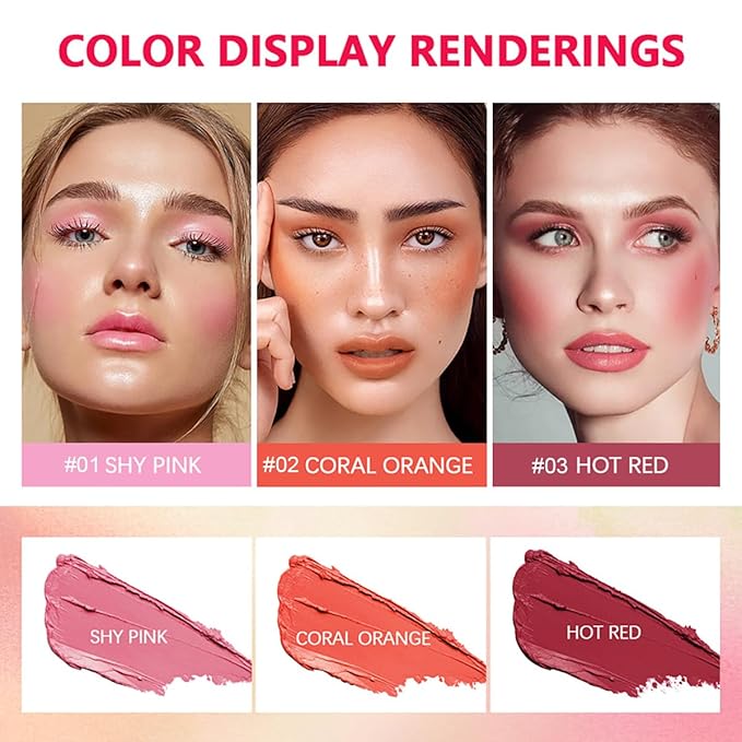Multi-Use Makeup Blush Stick, Beauty Tinted Solid Blush Stick, 3-in-1 Cream Blush Stick for Cheek/Eyes/Lips, Waterproof Moisturizer Stick, Suitable for All Skin (02# Coral Orange)-VivaGrace Women