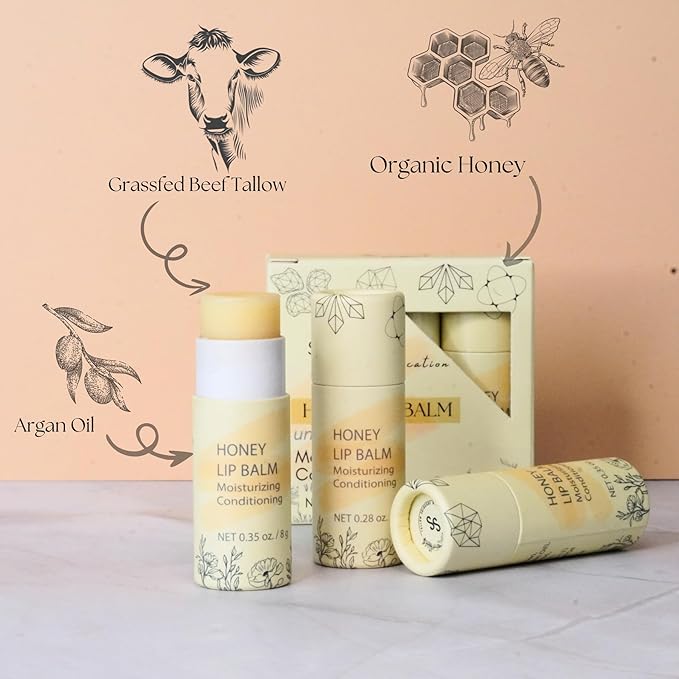 Natural Honey Lip Balm - 100%-grassfed Beef Tallow Chapstick, Organic Raw Honey & Argan Oil - Ultra Moisturizing, Conditioning, No Paraffin, Non Toxic, all Natural - 3 Pack (3x0.28 oz) Untinted-VivaGrace Women