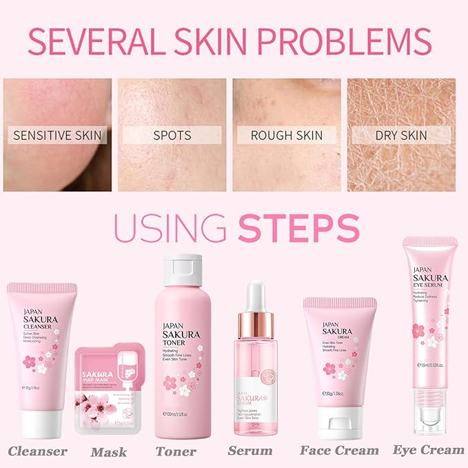 Skin Care Set Sakura Women Beauty Gift Sets Korean Skin Care Kit with Cleanser, Face Serum, Face Cream,Toner,Eye Cream,2Pcs Mud Mask - Skin Care Routine Kit for Women (SetC)-VivaGrace Women