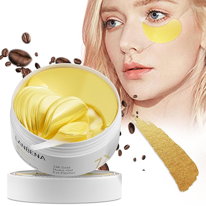 LANBENA 24K Gold Under Eye Patches(30 Pairs) -Cooling Eye Masks for Fine Lines Reduce, with Caffeine Niacinamide Tetrapeptide Hydra-Gel Collagen, Puffy Eyes & Dark Circles & Eye Bags Treatment-VivaGrace Women