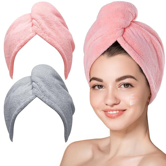 Hicober Microfiber Hair Towel, 2Packs Hair Turbans for Wet Hair, Drying Hair Wrap Towels for Curly Hair Women Anti Frizz(Pink,Grey)-VivaGrace Women