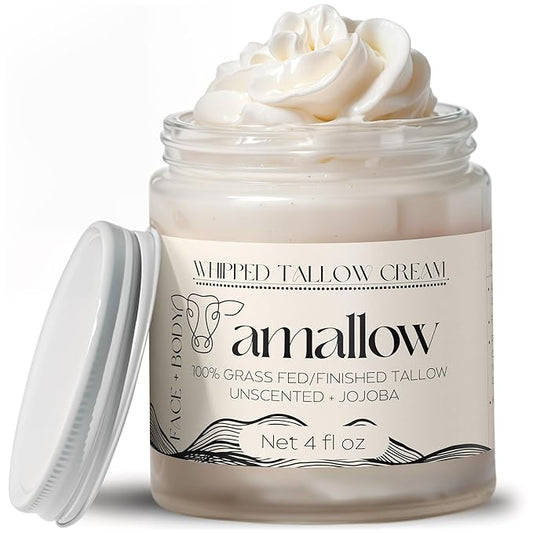 Amallow 100% Grass Fed Beef Tallow for Skin Care - Face + Body - Whipped Moisturizer for Sensitive Skin - Natural Lotion, 4 FL. oz. (Unscented + Jojoba Oil)-VivaGrace Women