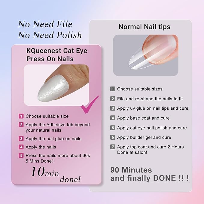KQueenest Glitter Cat Eye Press on Nails Short Almond with UV Coating, Thick Cute Gel Nails Press on, Gloss Acrylic Fake Nails Glue on with Bling Designs - 30 Reusable False Nails, White Sparkle