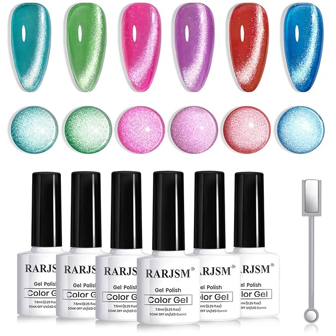 RARJSM Neon Diamond Cat Eye Gel Nail Polish Set 6 Colors Velvet Silver Glitter Bright Green Lake Blue Red Rose Purple Gel Polish with Magnet Stick UV LED Curing Requires Soak Off Home Salon Diy-VivaGrace Women