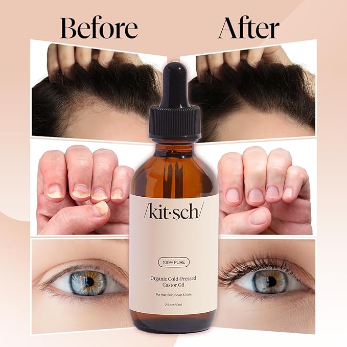 Kitsch Organic Castor Oil for Hair Growth - 100% Pure Castor Oil, Organic Cold Pressed Unrefined Glass Bottle for Face, Skin, Lashes, Brows, Scalp, Nails & Belly Button - Hexane Free, USDA - 2 oz-VivaGrace Women