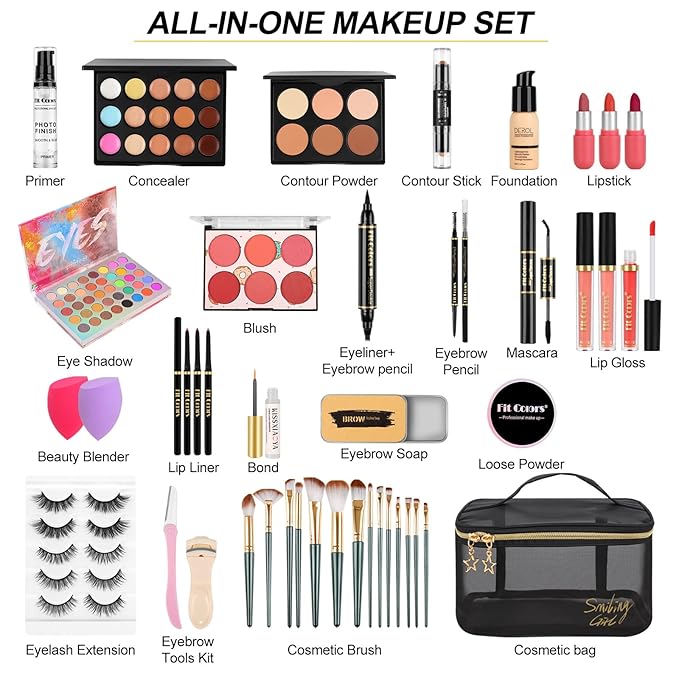 Fenshine Makeup Set,Make Up Starter Kit With Storage Bag Portable Travel Make Up Palette Eyeshadow Foundation Lip Gloss for Teenage & Adults (Type A)-VivaGrace Women