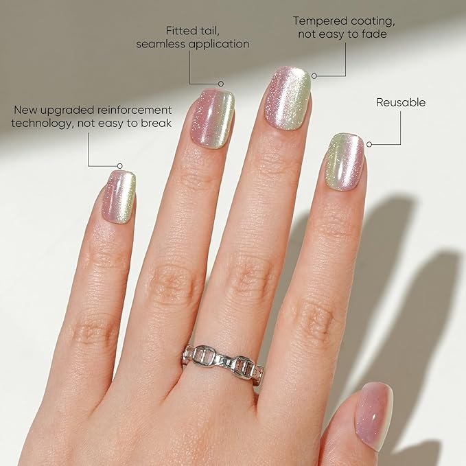 Press on Nails Short, Jofay Fashion Fake Nails, Two-color Ombre Cat Eye Press on Nails, Summer Acrylic False Nails, Reusable Stick on Nails for Women Girls, Glue on Nails Kit 32 Pcs, Honey Peach