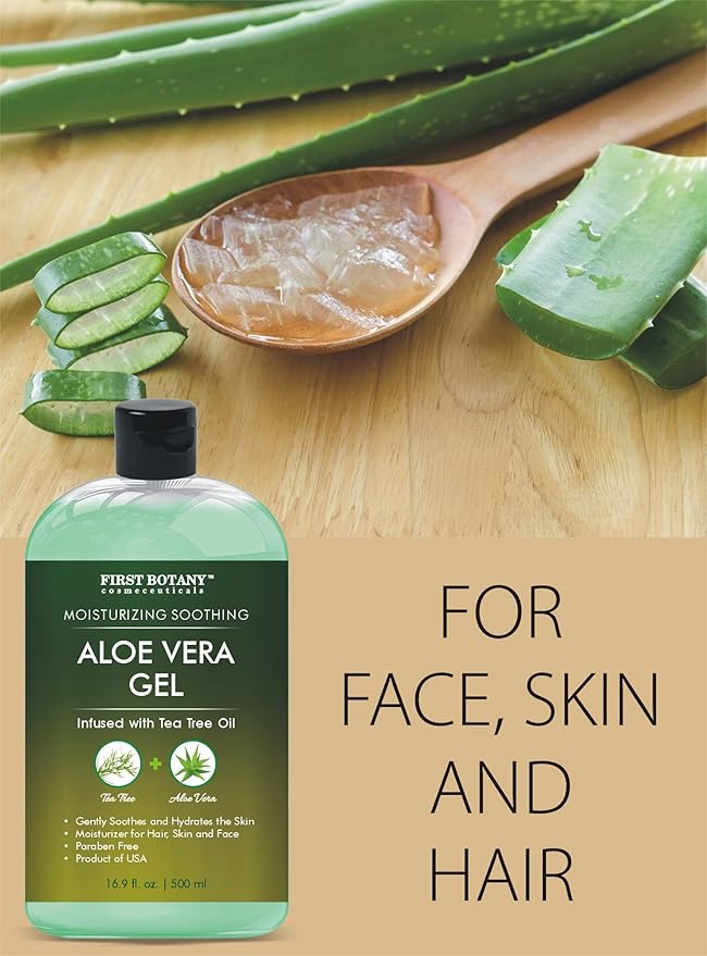 First Botany, Aloe Vera Gel from 100 Percent Pure Aloe Infused with Tea Tree Oil - Natural Raw Moisturizer for Hand Sanitizing Gel, Skin Care, Hair Care, Sunburn, Acne & Eczema -16.9 fl oz | 500 ml-VivaGrace Women