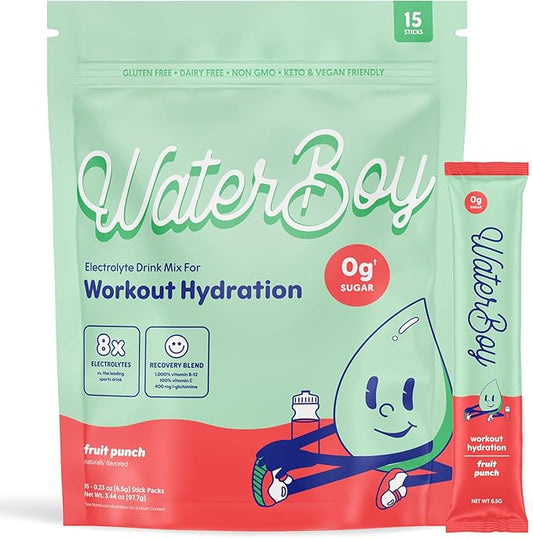 Waterboy Workout Hydration | 2,960mg Sugar Free Electrolyte Powder Packets | L-Glutamine + Vitamins | No Sugar, All Natural, Gluten Free | 15 Drink Stick Mixes (Fruit Punch)-VivaGrace Women
