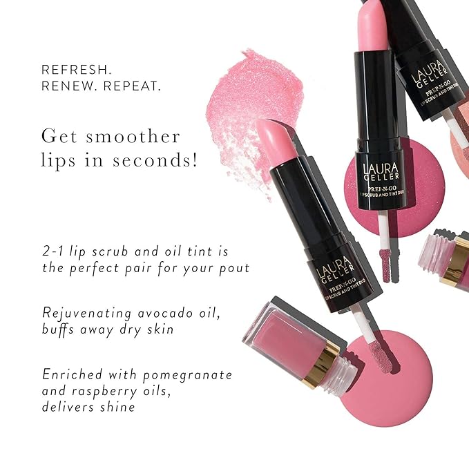 LAURA GELLER NEW YORK Prep-n-Go 2-in-1 Lip Scrub and Lip Oil Tint, Lip Hydrating Oil and Exfoliator, First Place-VivaGrace Women