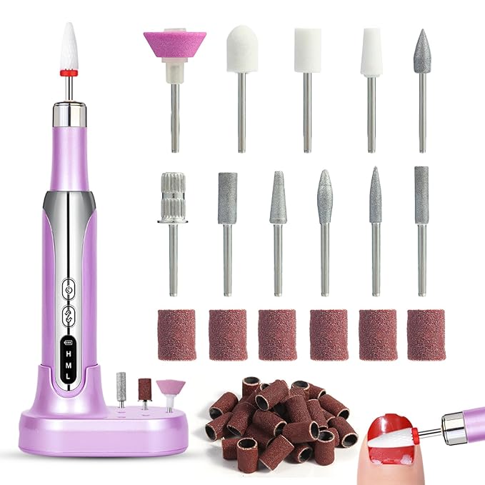 Electric Nail Drill File Cordless,Portable Rechargeable Nail File Kit for Acrylic & Gel Nails,Professional Efile for Manicure Pedicure Polishing,with 12 Nail Drill Bits 31 Sanding Bands,Purple-VivaGrace Women