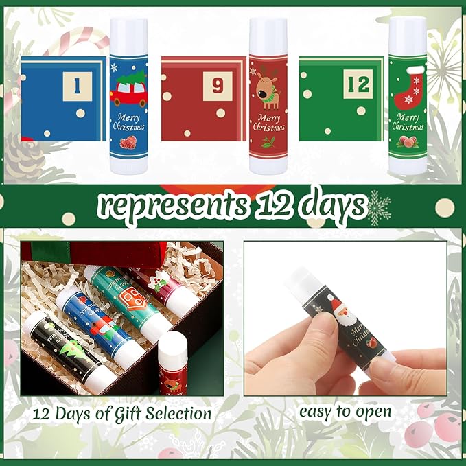 48 Pcs Christmas 12 Days Holiday Lip Balm Gift Set Lip Care Assorted Flavors Ingredients Lip Balm for Dry Chapped Lip Women Men Children Coworker 12 Assorted Flavors Christmas Party-VivaGrace Women
