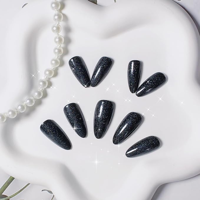 KQueenest Black Glitter Press on Nails Medium Almond Shape, Iridescent Shimmer Acrylic Fake Nails, Sparkling Gel Press Ons, Glossy Flash Glue on False Nails 24 Pcs