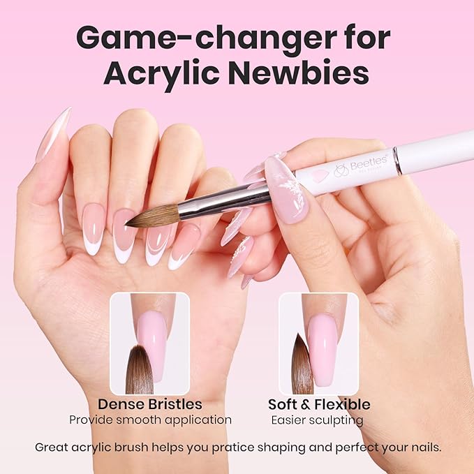 Beetles Acrylic Nail Brush Kolinsky Hair Bristles Round Shaped Metal Handle Nail Art Brushes for Acrylic Powder Manicure Extension DIY at Home Manicure Tool - Size 8-VivaGrace Women