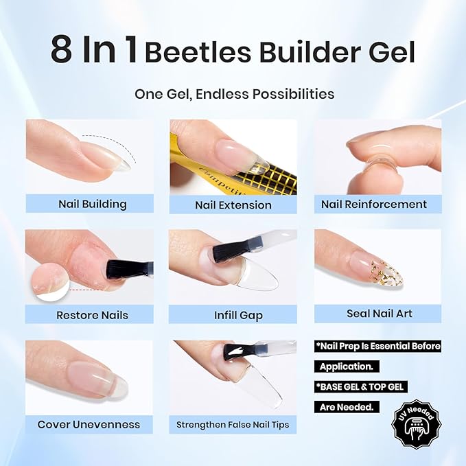 Beetles Builder Gel for Nails 0.51 OZ 8 in 1 Clear Nail Builder Strengthener Gel Enhancement Nail Gel Building Nail Apex for Beginners & DIY Salon Manicure-VivaGrace Women