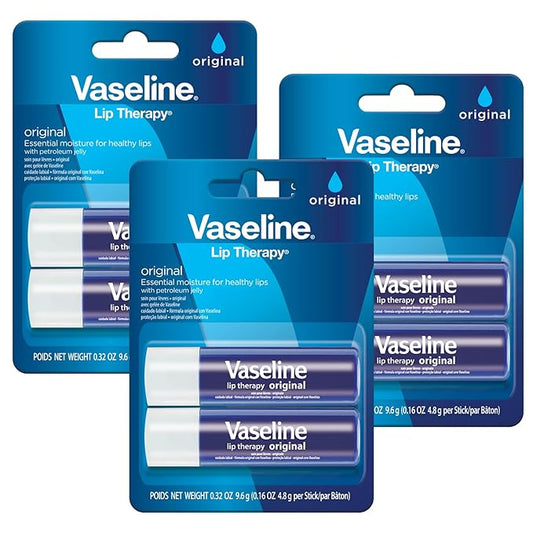 Vaseline Lip Therapy Care Original, Fast-Acting Nourishment, Ideal for Chapped, Dry, Cracked, or Damaged Lips, Lip Balm, 3-Pack of 2, 0.16 Oz Each, 6 Lip Balms-VivaGrace Women