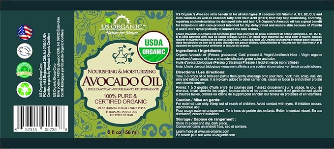 US Organic Avocado Oil Unrefined Virgin, USDA Certified Organic, 100% Pure & Natural, Cold Pressed, in Amber Glass Bottle w/Glass Eye dropper for Easy Application (2 oz (Small))-VivaGrace Women
