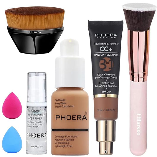 PHOERA Foundation,PHOERA CC+ Cream Color Correcting Anti Aging Hydrating Serum &SPF 25+,PHOERA Primer, PHOERA Makeup Foundation,Kabuki Makeup Brushes Foundation Brush (107 Honey+200 Mocha CC Cream)-VivaGrace Women