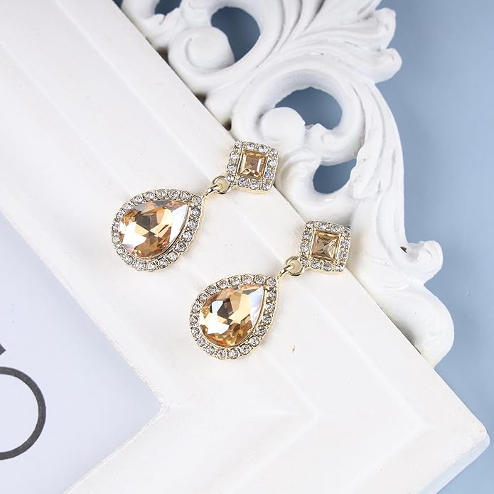 Vintage Crystal Teardrop Earrings Rhinestone Drop Earrings Sparkly Cz Teardrop Dangle Earrings Gold Square Gem Stud Earrings Jewelry for Women-VivaGrace Women