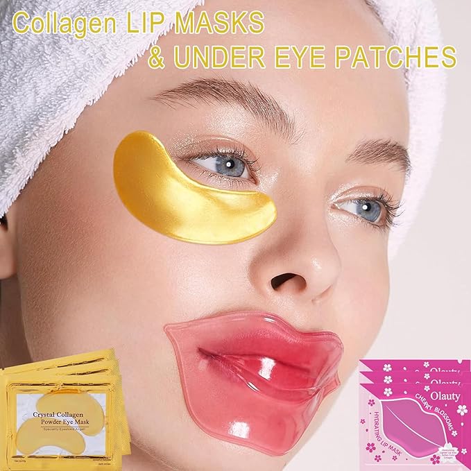 30 Pairs Collagen Lip Masks & Under Eye Mask, Gel Crystal Moisturizing Lip Mask, 24K Gold Under Eye Patches for Puffy Eyes, Dark Circle, Reducing Fine Lines, Effectively Nourishes Lip & Eye Skin Care-VivaGrace Women