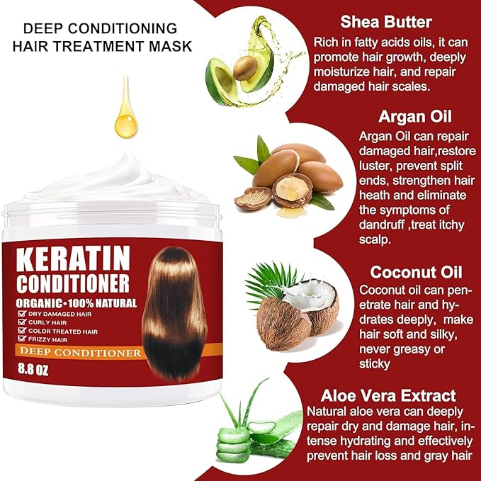 Keratin Hair Mask,Keratin Hair Treatment 250g Hair Mask for Dry Damaged Hair,Hair Treatment Mask Deep Repair Damage Hair Root,Natural Deep Conditioner Hydrating Hair Masque-VivaGrace Women