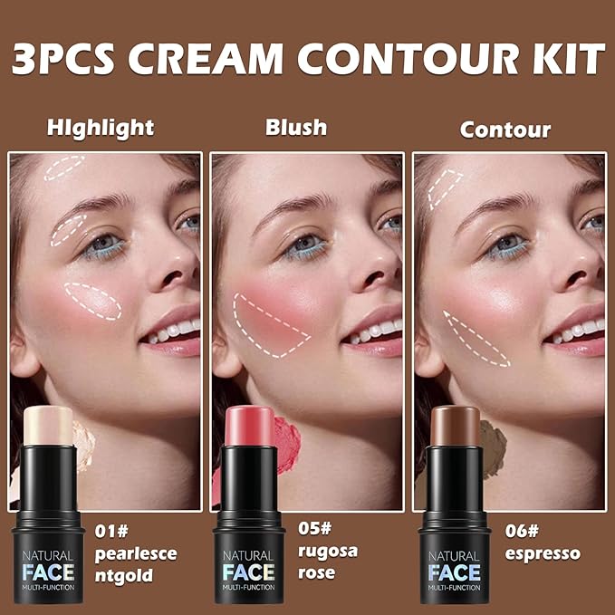 Highlighter Stick Cream Blush Stick Bronzer Contour Stick Makeup,3 PCS Cream Contour Kit with Contour Brush,Long Lasting & Professional Highlighters Makeup Stick for Beginner-Set B-VivaGrace Women