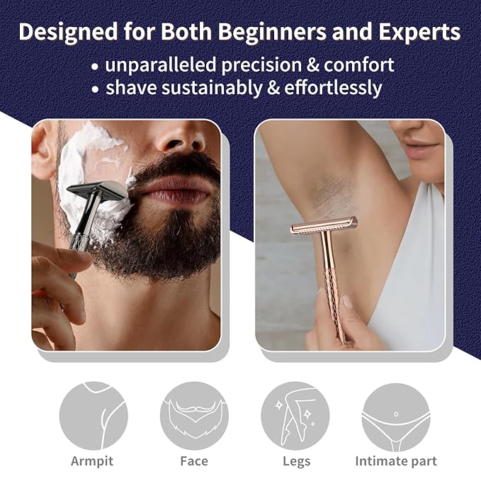 Shiny Silver Double Edge Safety Razor, Single Blade Razors for Men and Women, with 10 Stainless Steel Safety Razor Blades, Reusable, Smooth and Close Wet Shaving Kit, Plastic Free-VivaGrace Women
