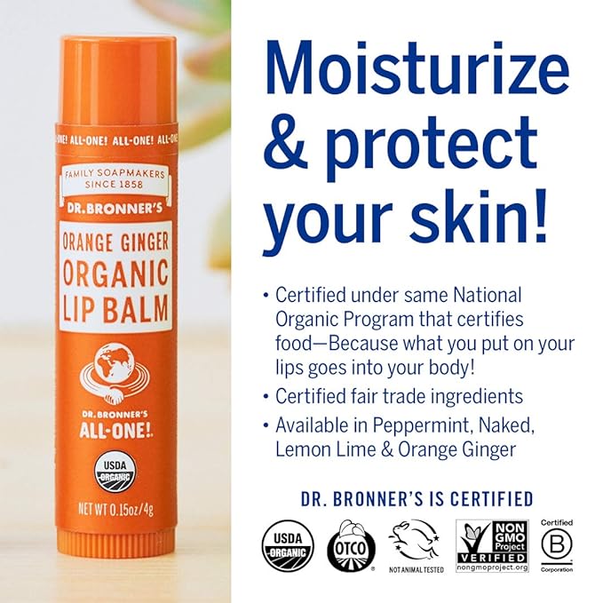 Dr. Bronner’s Organic Lip Balm 6-Pack (.15oz) Natural, Moisturizing, Petroleum-Free Lip Balm with Beeswax & Avocado Oil for Dry Lips, Men & Women - Orange Ginger-VivaGrace Women