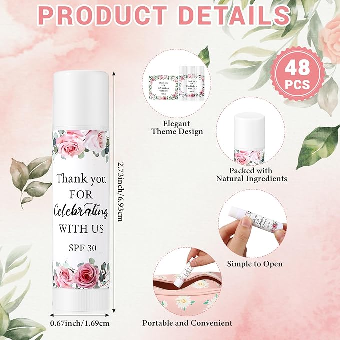 48 Pack SPF 30 Sunscreen Lip Balms Bulk Thank You for Celebrating with Us Sunscreen Care Lip Balm Sticks Wedding Party Favor Baby Bridal Shower Party Supplies Thank You Gifts for Guest-VivaGrace Women