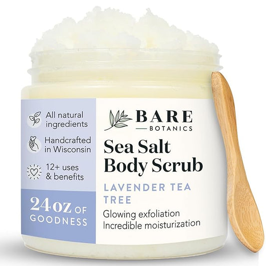 Bare Botanics Lavender Tea Tree Body Scrub 24oz | Made in Madison, WI | All Natural Sea Salt Exfoliator w/ Skin Loving Moisturizers | Vegan & Cruelty Free | Gift Ready Packaging w/ a Cute Wooden Spoon-VivaGrace Women