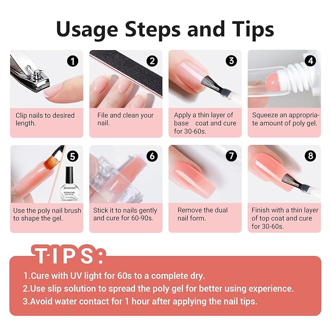 JEWHITENY Poly Nail Gel Set Clear Pink White Poly Extension Gel With Base Coat Top Coat Slip Solution French Manicure Need U V Lamp Curing for Finger Art and Home DIY-VivaGrace Women
