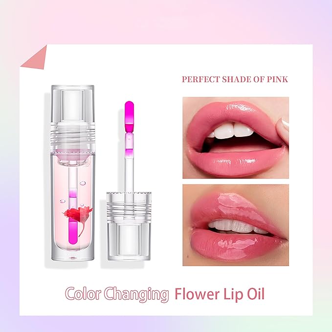 Flower Lip Oil, Hydrating Lip Glow Oil, Plumping Lip Oil, Non-Sticky Long Lasting Lip Oil Gloss, Transparent Lip Oil Tinted, Lip Plumper Gloss, Moisturize your lips and Reduce lip lines (02)-VivaGrace Women
