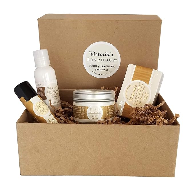 Victoria's Lavender Natural Body Products Gift Set - Handmade Soap, Hand & Body Lotion, Lip Balm, Body Candle Skin Care Sets & Kits, Lavender Bath and Body Products for Women, Vanilla Lavender-VivaGrace Women