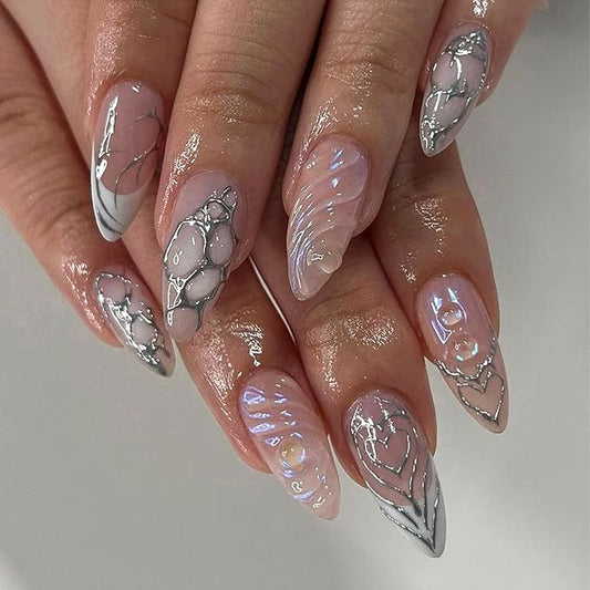 Press on Nails Medium Almond Fake Nails Glossy Glue on Nails Silver 3D Swirl Acrylic Nails Artificial False Nails with Luxury Designs for Women