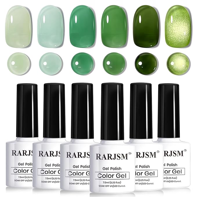 RARJSM Green Jelly Glass Gel Nail Polish Set 6pcs Clear Crytal Army Dark Jade Sage Green Transparent Sheer Amber Series Milky Diamond Cat Eye Gel Varnish LED UV Curing Requires-VivaGrace Women