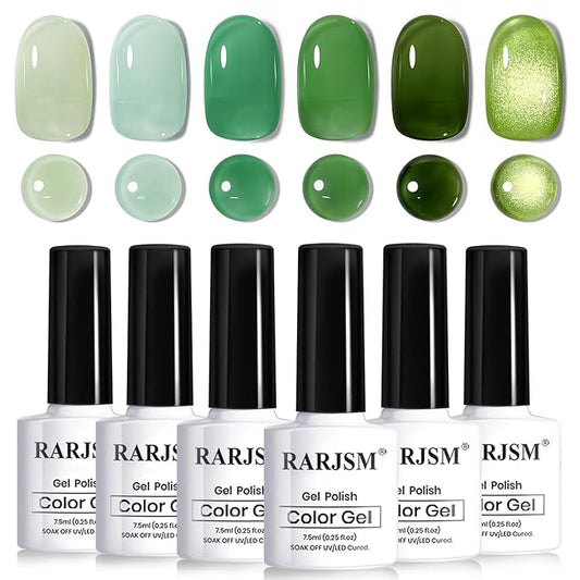 RARJSM Green Jelly Glass Gel Nail Polish Set 6pcs Clear Crytal Army Dark Jade Sage Green Transparent Sheer Amber Series Milky Diamond Cat Eye Gel Varnish LED UV Curing Requires-VivaGrace Women