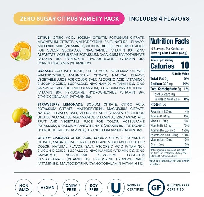 DripDrop Sugar Free Hydration Packets - Zero Citrus Variety Pack - Single Serve Electrolytes Powder Drink Mix - Cherry Limeade, Citrus, Orange, Strawberry Lemonade - Non-GMO, Gluten Free - 16 Sticks-VivaGrace Women