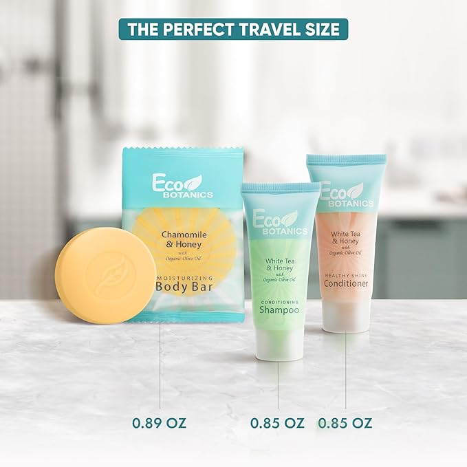 Eco Botanics Hotel Soaps and Toiletries Bulk Set | 1-Shoppe All-In-Kit Amenities for Hotels & Airbnb | 0.85 oz Hotel Shampoo & Conditioner, 0.89 oz Bar Soap Travel Size | 150 Pieces-VivaGrace Women