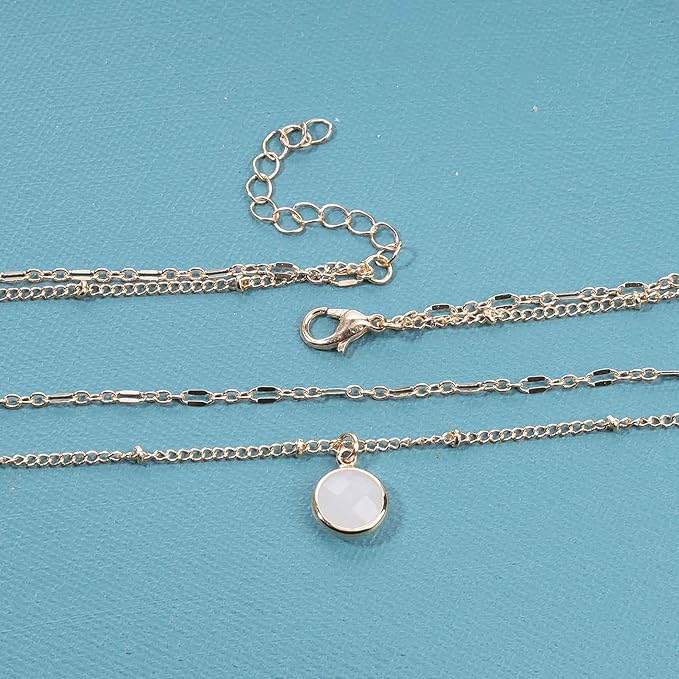 Boho Layered Opal Moonstone Necklace Choker Gold Round Opalite Necklace Clear Quartz Necklace Faceted Crystal Pendant Necklace Chain Jewelry for Women and Girls-VivaGrace Women