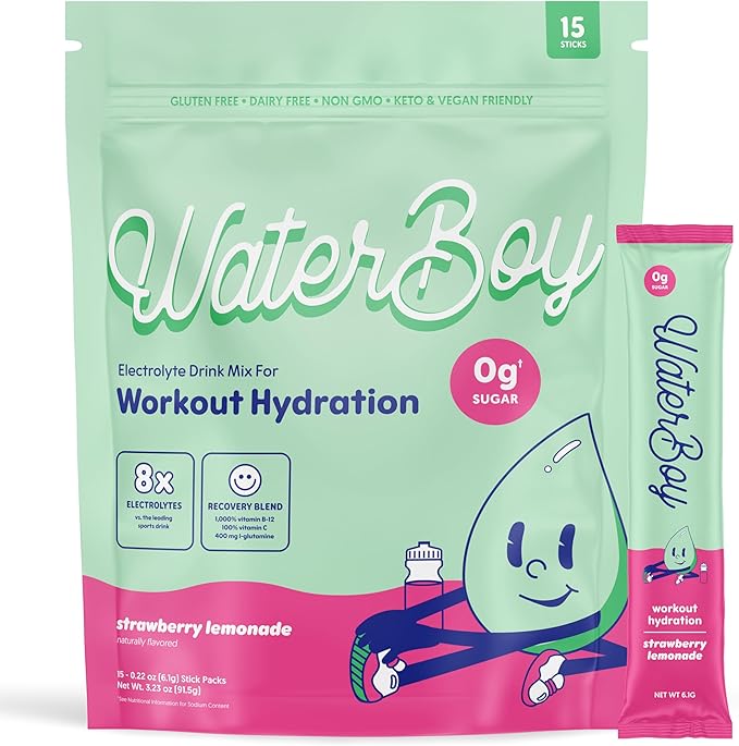 Waterboy Workout Hydration | 2,960mg Sugar Free Electrolyte Powder Packets | L-Glutamine + Vitamins | No Sugar, All Natural, Gluten Free | 15 Drink Stick Mixes (Strawberry Lemonade)-VivaGrace Women