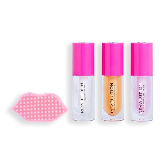 Revolution Kiss & Go Glaze Lip Care Gift Set, Exfoliating Tool & 3 Fruit Flavored Lip Oils Included-VivaGrace Women