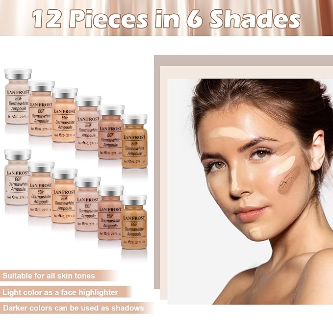 BB Facial Glow Serum Starter Kit Hyaluronic Acid Essence Foundation Skin Care Kit 0.27oz 12 Vials, Combined With Niacinamide and Peptides To Brighten Skin Tone Anti-Aging Foundation 6-Color Mix Pack-VivaGrace Women