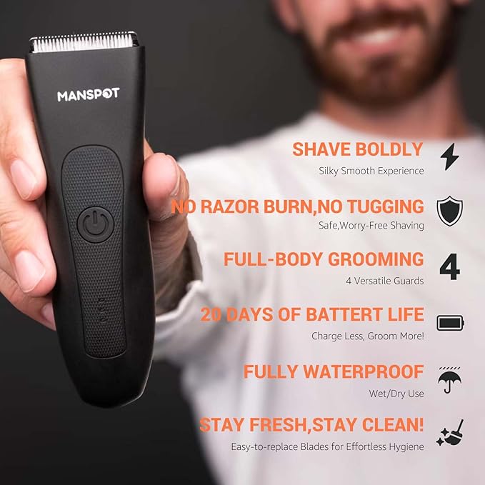 MANSPOT Manscape Groin & Body Hair Trimmer for Men, Electric Ball Pubic Trimmer Shaver,Manscape Kit with 4 Guard,Replaceable Ceramic Blade Heads,Waterproof Wet/Dry Shaver,90 Minutes Shaving-VivaGrace Women