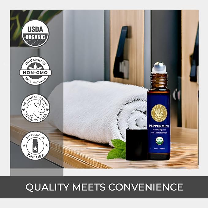 Silk Road Organic Peppermint Essential Oil Roll On, Mentha Piperita, 100% Pure USDA Certified Aromatherapy - Headache, Morning Sickness, Nausea, Energy & Hair - 10 ml Roller-VivaGrace Women