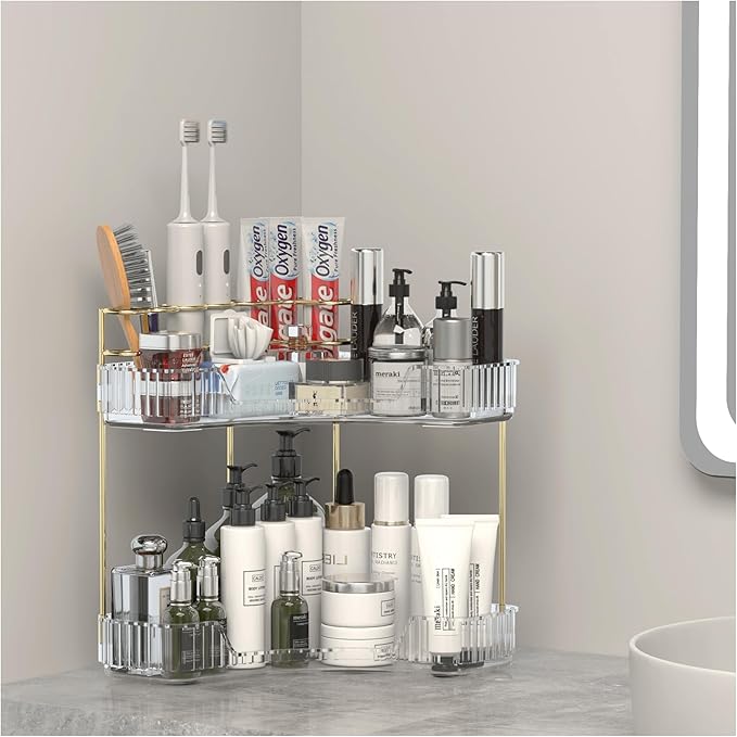 Makeup Organizer Countertop 2 Tier, Corner Bathroom Countertop Organizer with Toothbrush and Makeup Brush Holder, Corner Vanity Tray for Skincare Organization-VivaGrace Women