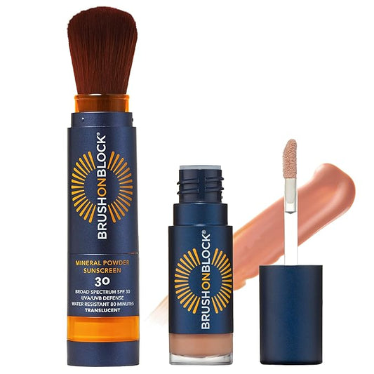 Brush On Block Full Face Sun Protection Kit, Translucent Mineral Powdered Sunscreen & Protective Lip Oil SPF 30, Reef Friendly, FSA HSA Eligible-VivaGrace Women