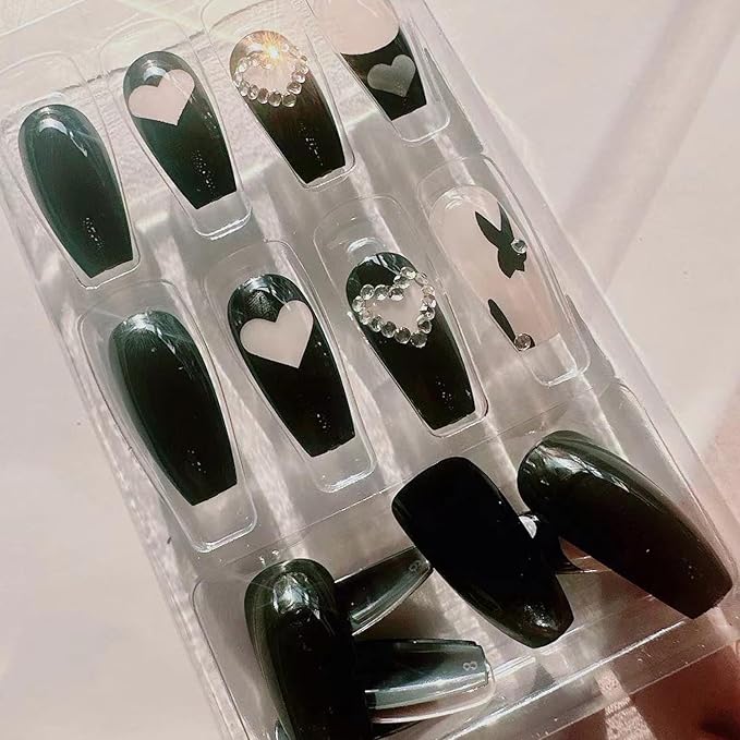 Long Heart Press on Nails Square Coffin Fake Nails with Love Diamond Glitter Design - Black French Tip Press on Nails Long Heart False Nails Artificial Nail for Women Girls Decorations 24pcs