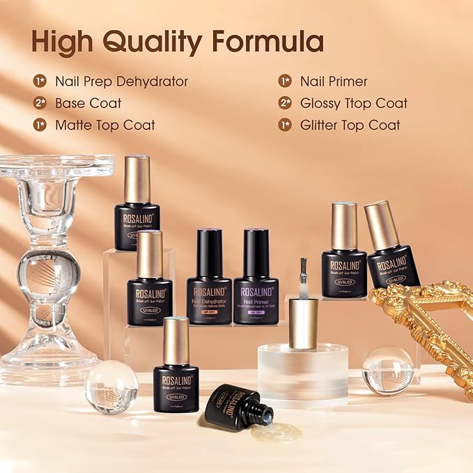 ROSALIND 8 PCS Nail Prep Dehydrator and Primer with Base Coat Top Coat, Glossy Glitter Matte Top Coat for Acrylic Gel Nail Polish Nail Art Supplies Gift-VivaGrace Women